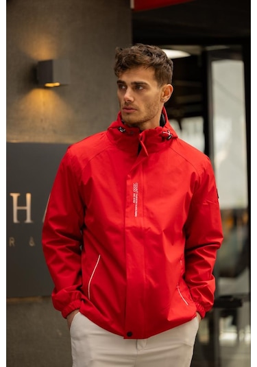 Yeast İçi Astarlı Suya Dayanıklı Kapşonlu Fermuarlı Yağmurluk - Kırmızı Kırmızı