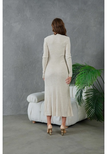 Kadın Bisiklet Yaka Tül Detay Maksi Boy Fitilli Triko Elbise Taş