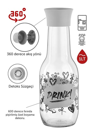 Rotanev 3 Adet Desenli Detoks Özellikli Cam Sürahi & Karaf Su Meşrubat Şişesi