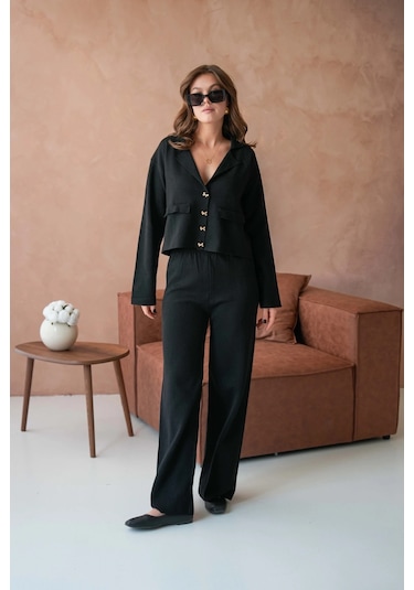 Kadın V Yaka Düğme Detay Ceket Pantolon İkili Triko Takım Siyah