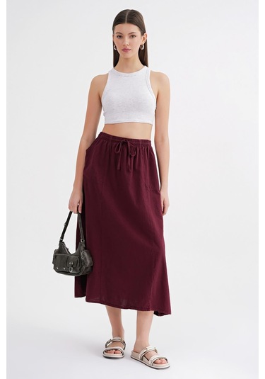 4633 Kadın Yandan Cepli Parçalı Etek Bordo Bordo