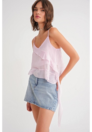 4736 Kadın Fırfırlı Askılı Bluz Pembe Pembe