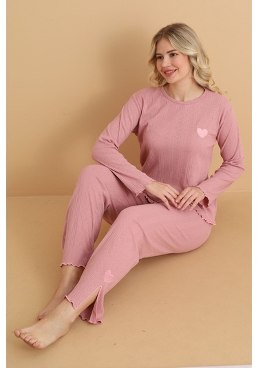 Mr-8601 Pointel Kumaş Mevsimlik Günlük Kalpli Kadın Pijama Takımı Pudra