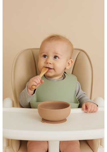 3'lü Silikon Bebek Beslenme Seti / Bölmeli Mama Tabağı / Mama Kasesi / Bebek Bardağı- Moka Mocca