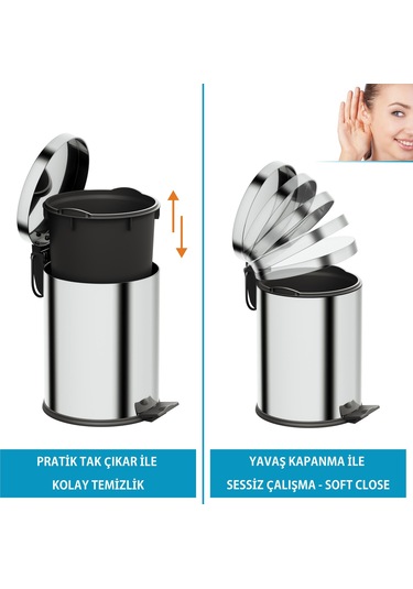 Aqua Bagno Basic Çöp Kovası - Pedallı 5 L, Parlak Krom Paslanmaz Krom