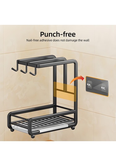 Jms Mutfak Lavabo Caddy Organizatör Karbon Çelik Duvara Monte Tezgah Havlu Rafları Sünger Tutucu Siyah