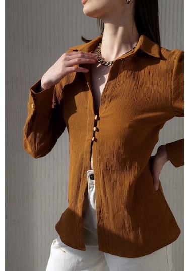 Mai Collection Mai Studios Co. Morrow Ahşap Düğme Detay Kiremit Gömlek Kiremit