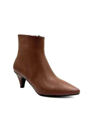 Beyaz Pine Cone İnce Topuklu Sivri Burun Fermuarlı Günlük Kadın Kısa Çizme Kahve Kahve