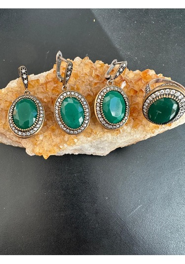 Otantik Yeşim Ve Zirkon Taşlı Gümüş Set Takım 925 Ayar
