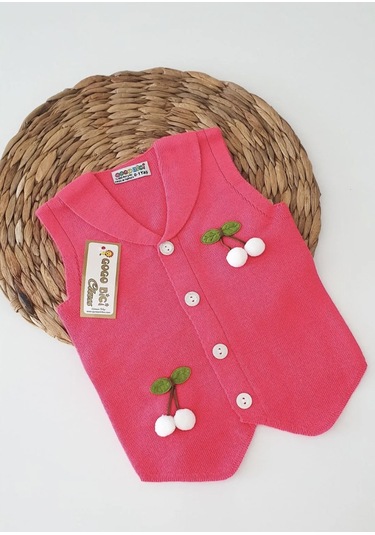 Kirazlı Örme Yelek Fuşya