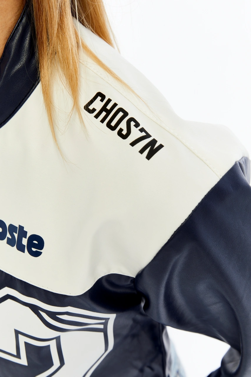 Kadın Crop Deri Ceket Renkli Baskılı Motorcu Stil Mont - Kısa Ceket Çok Renkli Mont - Hakim Yaka Lacivert