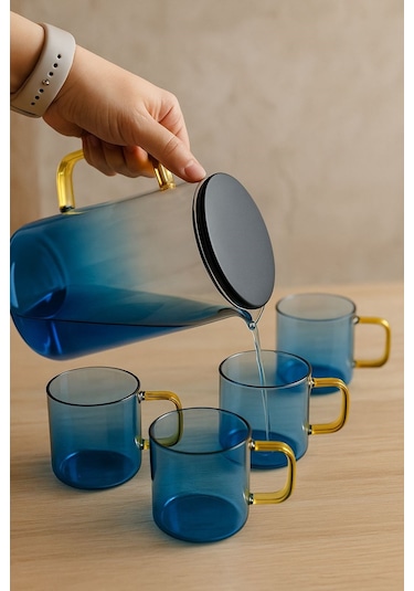 Qerhome Borosilikat Cam Sürahi Takımı 4 Bardaklı Bluora Bardaklı Sürahi 2100 Ml & 300 Ml