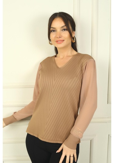 By Saygı Kadın Kolları Şifon V Yaka Kazak-39581 Bej