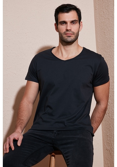 Buratti Pamuklu Slim Fit V Yaka Basic Erkek T Shirt 5412001 Füme