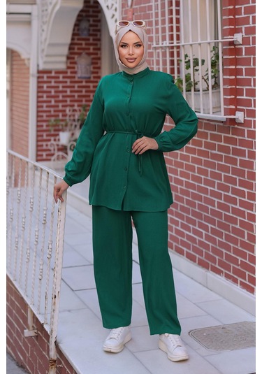 Hakim Yaka Detaylı Tesettür Yeşil Takım Yeşil