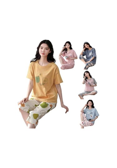 Pembe Salon Pijama O-boyun Uyku Nefes Kızlar Yaz Karikatür Baskı T-shirt Mahsul Pantolon Seti Günlük Giyim Pembe