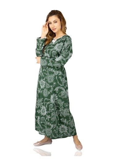 Uzun Kol Şile Bezi Baskılı Uzun Elbise Çınar Desen Yeşil