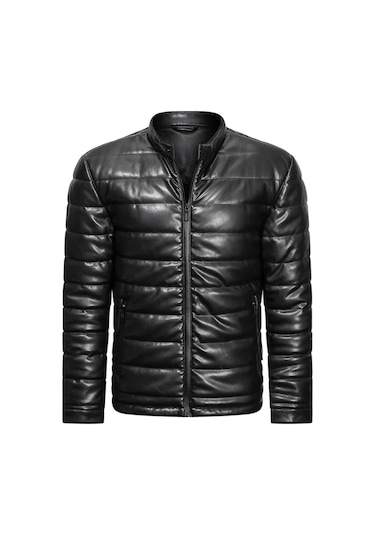 Düz Şişme Mont Hakiki Kuzu Derisi Siyah