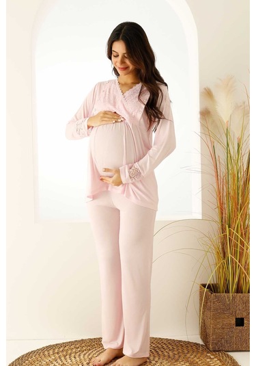 Premium Kutulu Emzirme Bölmeli Dantelli Hamile Lohusa Pijama Takımı Açık Pembe