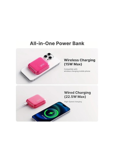 Brightnova Rosy 5000mah Mini Ultra Ince Manyetik Kablosuz Power Bank 15w Kablosuz Sarj 225w Pd Hizli Sarj Led Ekran Alt N
