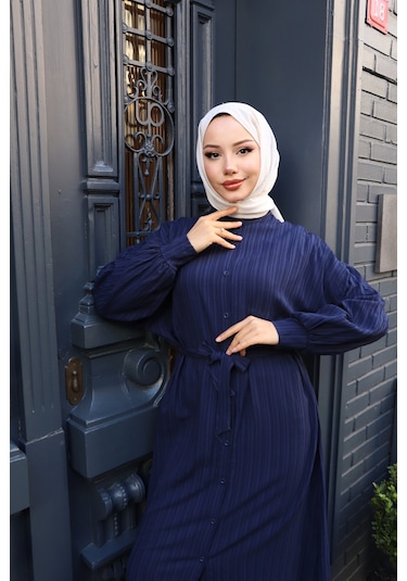 Kadın Lacivert Boydan Düğmeli Yarasa Kol Kuşaklı Lara Keten Uzun Tesettür Elbise Lacivert