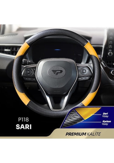 Panda Oto Direksiyon Kılıfı - Deri / Karbon-sarı