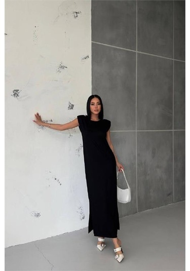 Neşeli Butik Kadın Vatkalı Yırtmaç Detaylı Modal Elbise Nbg010 Siyah