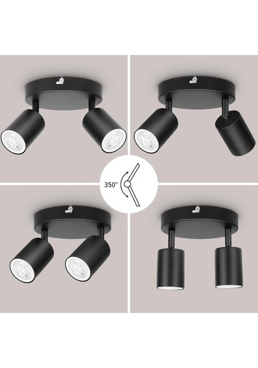 Siyah Tavan Spotu, Gu10 Led Tavan Lambası, 2 Ayarlanabilir Spot, Yuvarlak Tavan Aydınlatması, Ampulsüz Teslimat