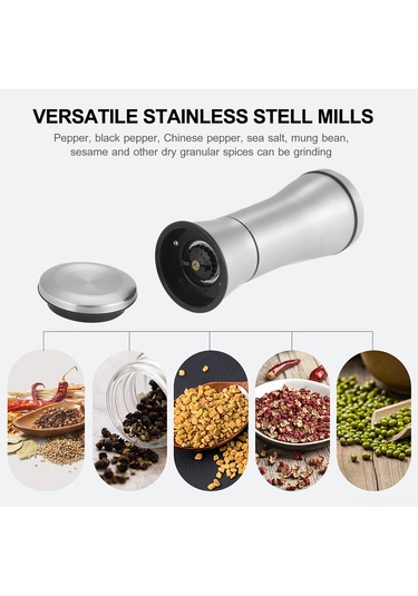 Neevoyu 304 Paslanmaz Çelik El İle Biber Değirmeni - Mutfak Ve Restoran İçin Fesleğen, Biber Tozu Öğütücü Flakon Gümüş
