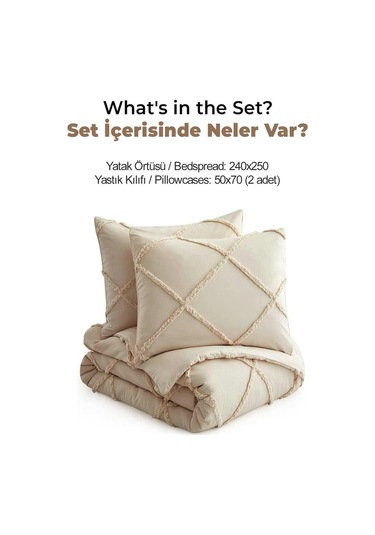 Evlen Home Pamuklu Aimar Yatak Örtüsü Takımı Çift Kişilik Günlük Boho 3 Parça Elyaf Dolgulu Bej Bej