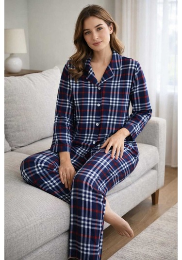 Tenra Kadın Pijama Takımı Boydan Düğmeli Likralı Viskos Kumaş Lacivert