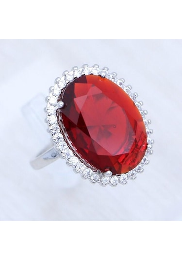 Oval Kırmızı Taşlı Gümüş Yüzük