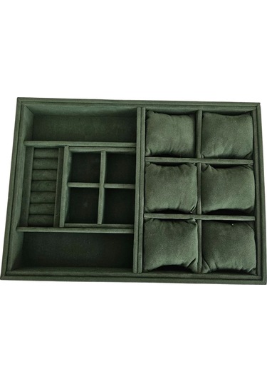 Organizatör Koyu Yeşil Süet Tabla Kolye & Yüzük Düzenleyici Ve Gözlük 6 Yastık 4 Bölmeli Rulo Çok Renkli