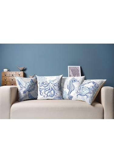 Deniz Kabukları Temalı Marin Dekoratif Yastık Kılıfı 4'lü Set Karışık/Çok Renkli