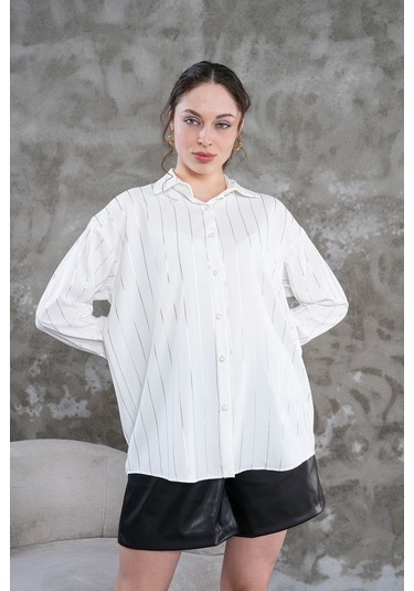 Çizgili Klasik Kadın Gömlek Beyaz