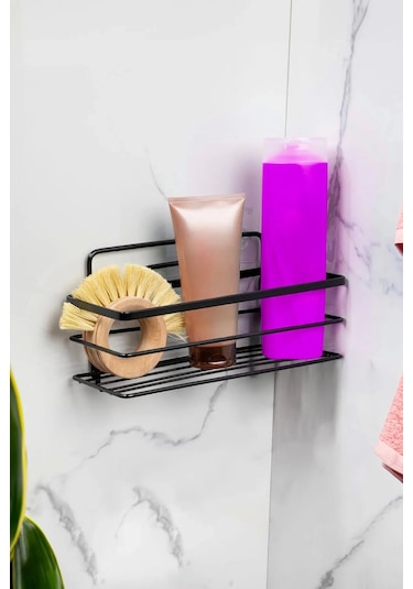 Banyo Köşe Rafı Lamalı Tek Katlı Siyah Şampuanlık Hem Vidalı Hem Yapışkan Stickerlı Çok Renkli