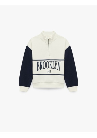 Koton Yarım Fermuarlı Baskılı Uzun Kollu Dik Yaka Sweatshirt Ekru 6wkg10087ak Ekru