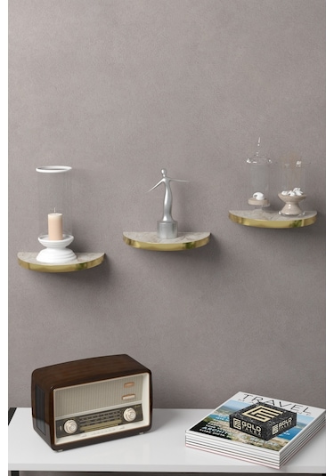 Duvar Rafı Dekoratif 3 Adet Çiçeklik Oval Altın Efes