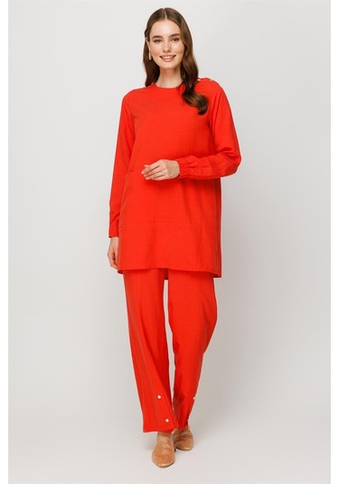 Doğal Kumaş Rahat Kullanımlı Pantolon Tunik Takım Mercan-mercan Mercan
