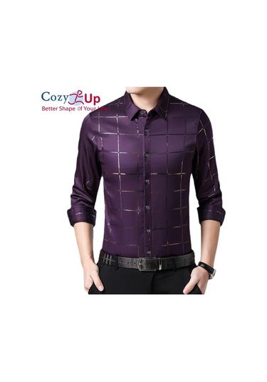Rahat Up Erkekler Ekose Kavisli Hem Gömlek Casual İş Düğmesi Gömlek Uzun Kollu Damalı Erkek Gömlek Mor