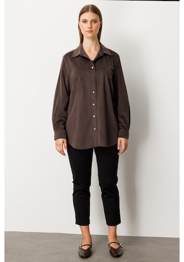 Ekol Kadın Büyük Beden İnce Fitilli Kadife Gömlek 3545 Kahverengi Kahverengi