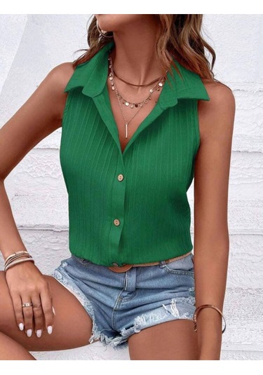 Kadın Sıfır Kol Pamela Kumaş Gömlek Yeşil