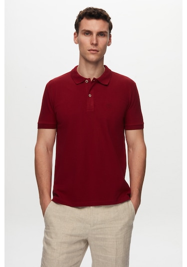 Ds Damat Regular Fit Bordo Pike Dokulu %100 Pamuk Kıvrılmaz Polo Yaka Nakışlı T-shirt 4HC14ORT51000 Bordo