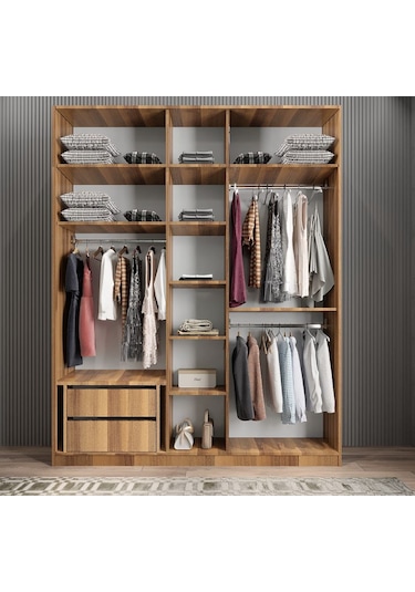 Soft 10 Kapaklı Yüklüklü Gizli Çekmeceli Gardırop Dolap Ceviz 200 Cm Ceviz