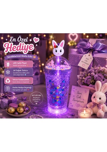 Çift Katmanlı İçecek Bardağı Led Işıklı Pipetli Kawaii Chibi Sevimli Tavşan Figürlü Suluk 450 Ml Mor