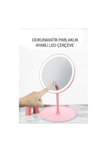 Dokunmatik Led Işıklı Usb Şarjlı Yuvarlak Makyaj Aynası Pembe SM8036