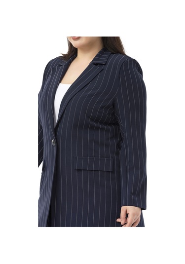 Büyük Beden Çizgili Lacivert Ceket Pantolon İkili Takım Lacivert