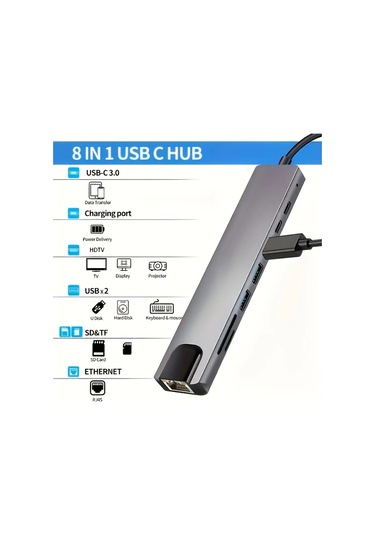 Honeybeeshop Macbook Uyumlu Ve Windows Dizüstü Bilgisayarlar İçin 8i 1 Arada Usb C Tipi 100m Rj45 Sd Tf Kart Okuyucu 4k Hdtv Adaptörü Hızlı Şarj Özellikli
