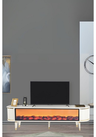 Talia Şömineli Tv Sehpası Beyaz Gold Mebran Kapaklı Bluetooth Hoparlörlü 7 Renk Efektli 180x40x50 Cm