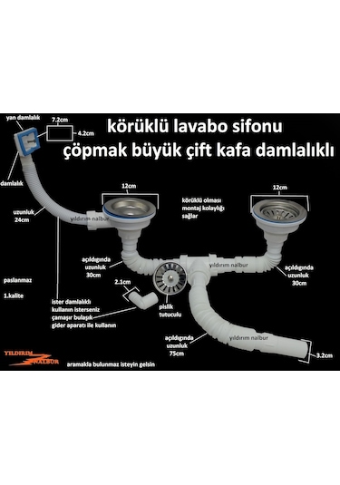 Çöpmak Körüklü Sifon Damlalıklı Çiftli Büyük Kafa Evye Sifonu Lav